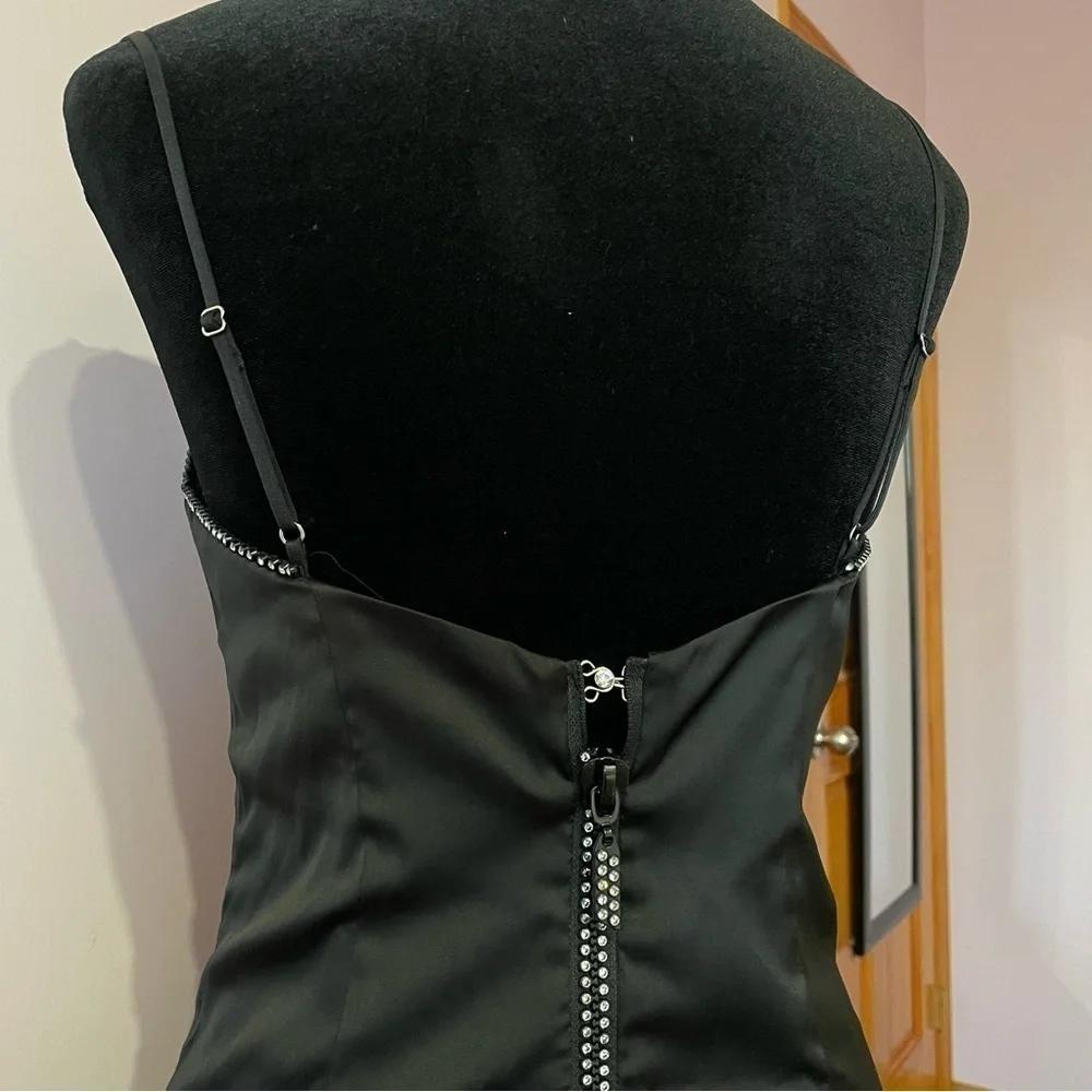 For Love and Lemon- Black Satin Sleeveless Mini Dress with Rhinestones Size S